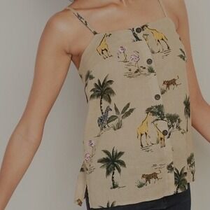 Old Navy Cream Safari Print Linen Blend Button Front Women's Tank Top XL